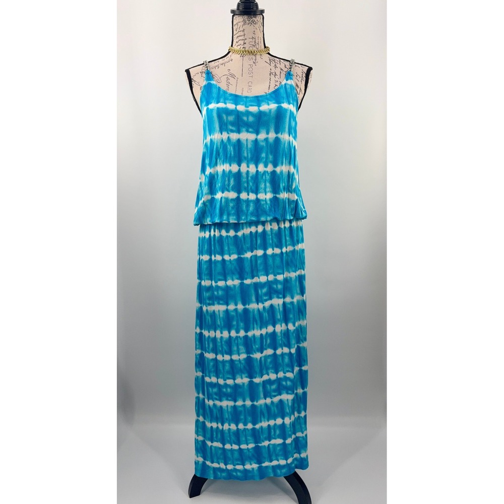 Michael Kors Maxi Dress Womens L Blue Tie Dye Chain Strap Blouson Coastal Resort